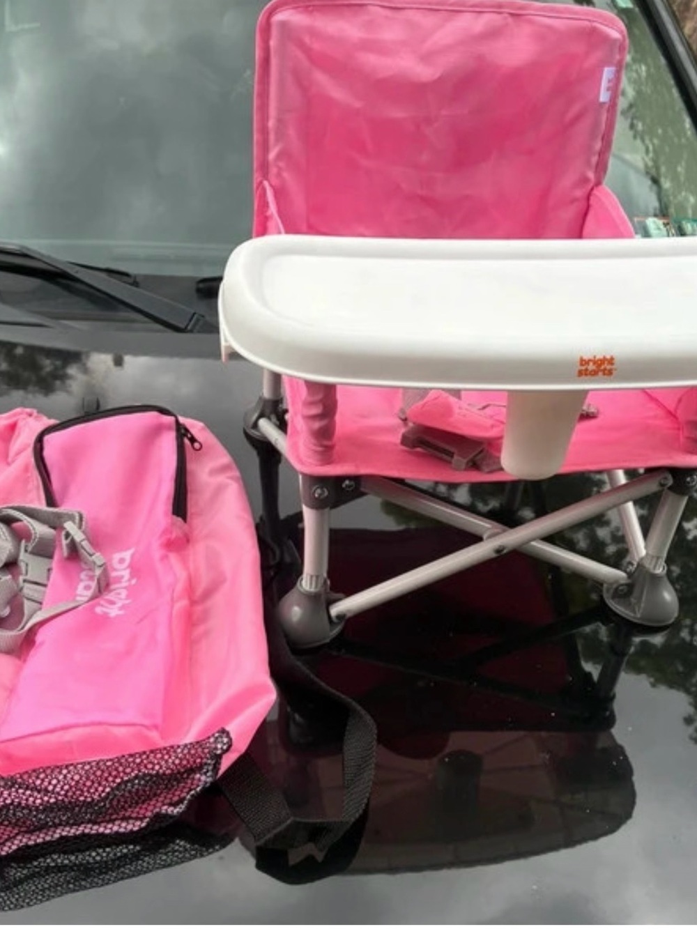 Bright Starts Foldable Pink Portable Booster Seat with Tray